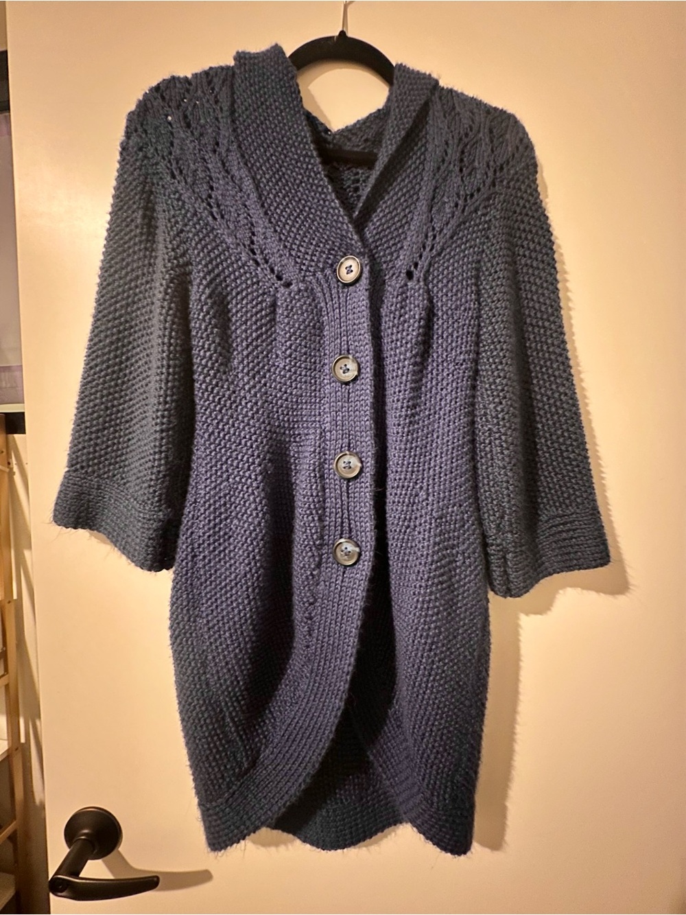 Hand Knit Buttoned 3/4 Sleeve Hooded Sweater With Lace Details in Navy